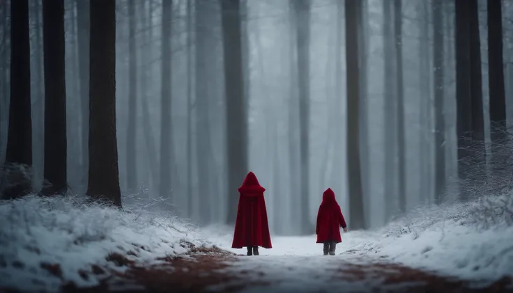 ue,Medieval woodland, line of tall trees, snowscape, Little Red Riding Hood Little Girl, werewolf cub