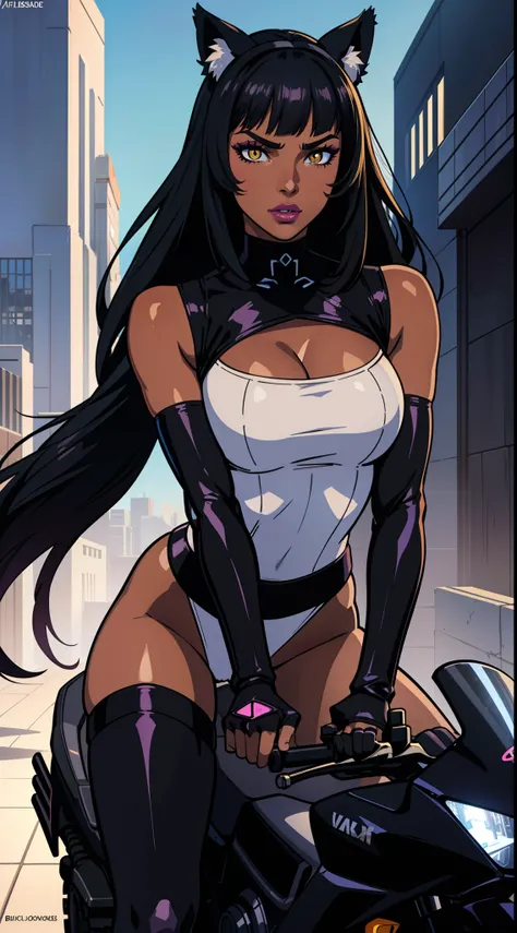 (masterpiece, best quality:1.3), highly detailed, intricate, professional art, digital art, 8K, blake belladonna, (african woman: 2.3), (dark skin: 2.8), riding her motorcycle, racing down the street, front view, cyberpunk motorcycle, huge breasts, (cyberp...