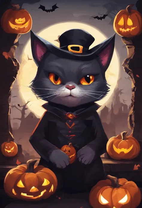 Halloween cat and bat and vampire