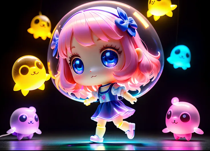 Super cute girls whole body。.3D artwork, Front view, Side view, Back view, good eyes looking, Big eyes , 1 girl, Loli,Cute, cheerfulness, C4D,Pop Matt Blind Box, , Glowing bubbles, toys，tchibi, Fluorescent translucent, glowing body,kawaii,bauhause,Colorful...