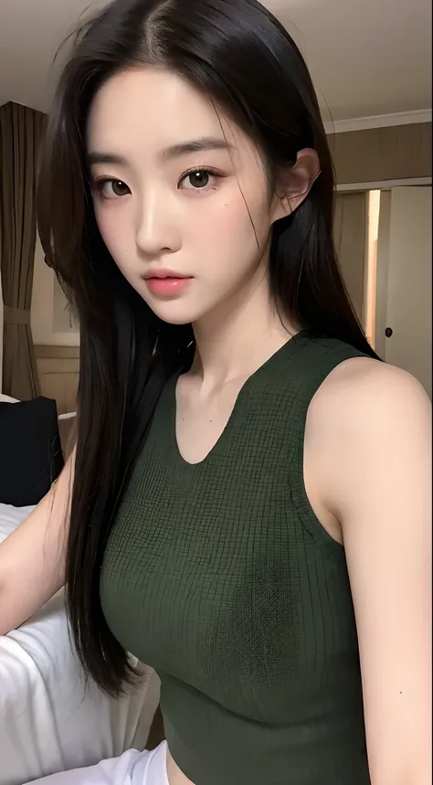 ((Top quality, 8k, Masterpiece: 1.3)), beauty, hidden face, 2 girls, beauty: 1.3, slender abs: 1.1, camisole vest, long black hair, (sitting on bed), ultra-detailed face, highly detailed lips, detailed eyes, double eyelids