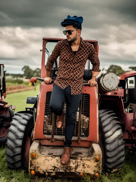 there is a man sitting on a tractor with a hat on, stylish pose, edited in photoshop, cool pose, with a cool pose, casual photography, very artistic pose, taken with sony alpha 9, shot on nikon z9, shot on canon eos r 5, very cool pose, shot on canon eos r...