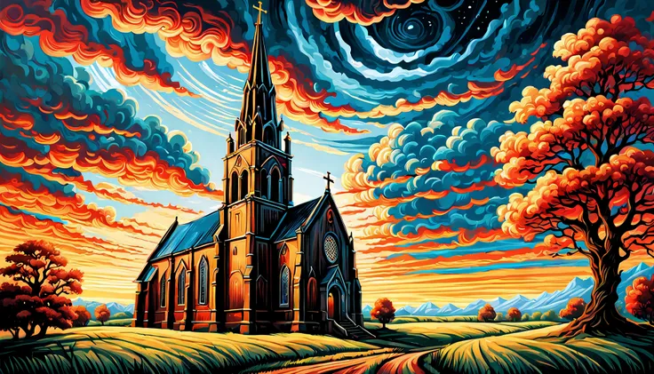 a painting of the church in ruigoord with a tower and a sky background, inspired by Dan Mumford, dan mumford and alex grey style, in the style dan mumford artwork, in the art style of dan mumford, dan mumford paint, el bosco and dan mumford, anton fadeev a...