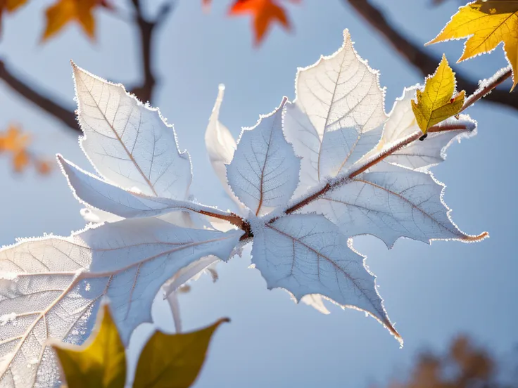 China has 24 solar terms,Frost, autumn
There is white frost on the leaves， Frost clings to autumn
leaf,Temperature drop,Snow,cool colours,
Warm light, 8k —aspect 8:16 —v5.2