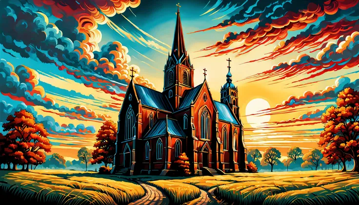 a painting of the church in ruigoord with a tower and a sky background, inspired by Dan Mumford, dan mumford and alex grey style, in the style dan mumford artwork, in the art style of dan mumford, dan mumford paint, el bosco and dan mumford, anton fadeev a...