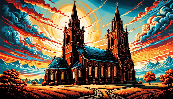 a painting of the church in ruigoord with a tower and a sky background, inspired by Dan Mumford, dan mumford and alex grey style, in the style dan mumford artwork, in the art style of dan mumford, dan mumford paint, el bosco and dan mumford, anton fadeev a...