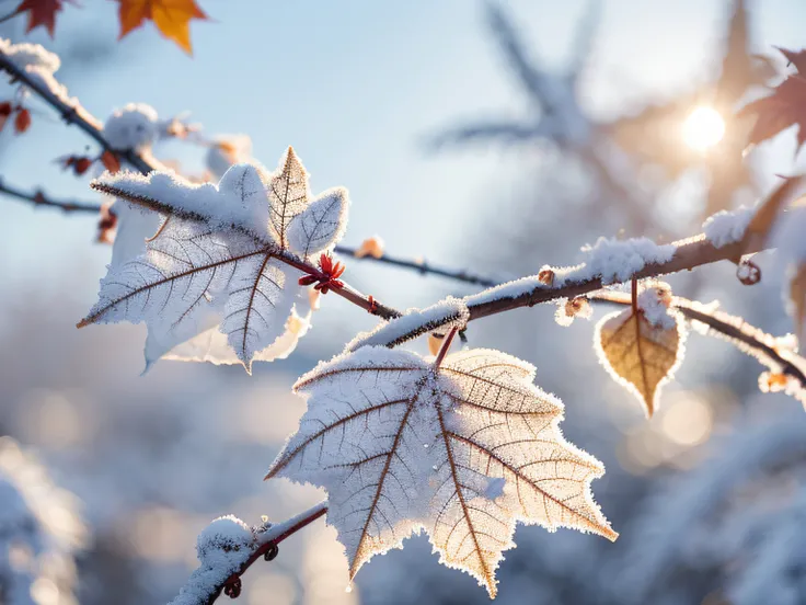 China has 24 solar terms,Frost, autumn
There is white frost on the leaves， Frost clings to autumn
leaf,Temperature drop,Snow,cool colours,
Warm light, 8k —aspect 8:16 —v5.2