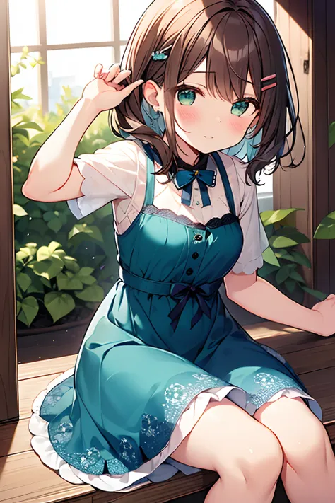 sasanami shoko, valvrabe, hair clips, blue roses, dress, lace dress, brown hair, green eyes, short hair