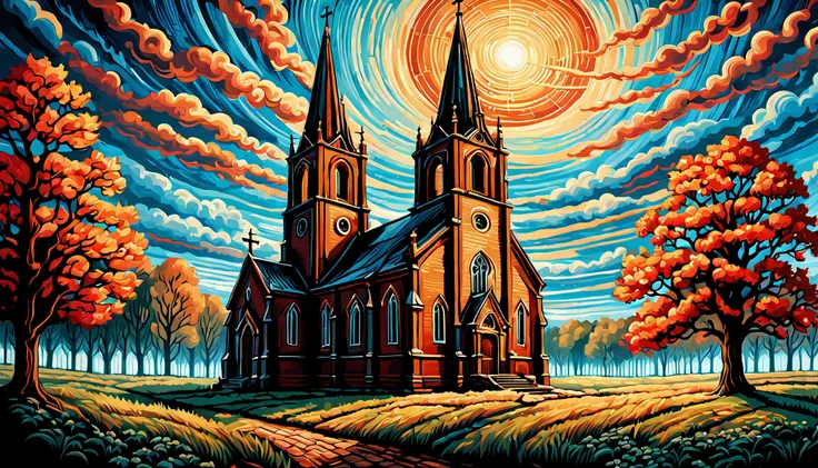 a painting of the church in ruigoord with a tower and a sky background, inspired by Dan Mumford, dan mumford and alex grey style, in the style dan mumford artwork, in the art style of dan mumford, dan mumford paint, el bosco and dan mumford, anton fadeev a...