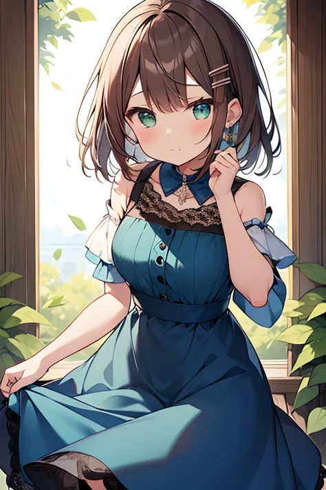 sasanami shoko, valvrabe, hair clips, blue roses, dress, lace dress, brown hair, green eyes, short hair