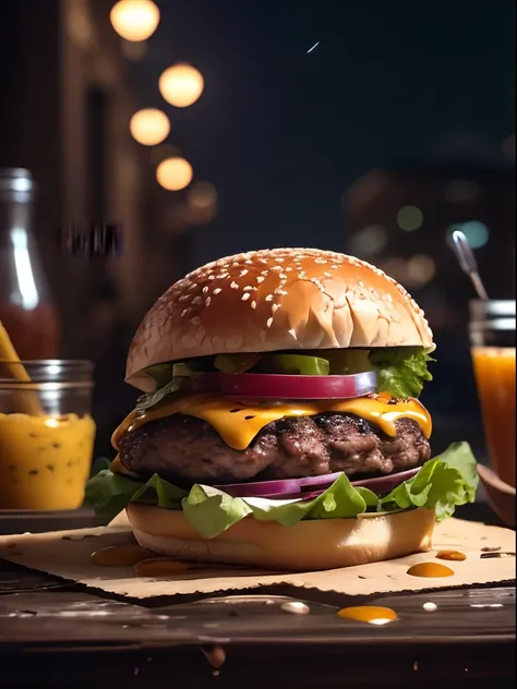 (Masterpiece, Top quality, Best quality, Beautiful and aesthetic:1.2), Extremely detailed, highest details,Burger on the countertop，Close-up Shot Shot，The background is a bustling street，at night with neon lights