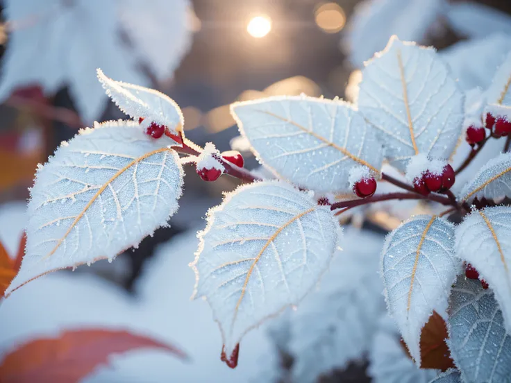 China has 24 solar terms,Frost, autumn
There is white frost on the leaves， Frost clings to autumn
leaf,Temperature drop,Snow,cool colours,
Warm light, 8k —aspect 8:16 —v5.2