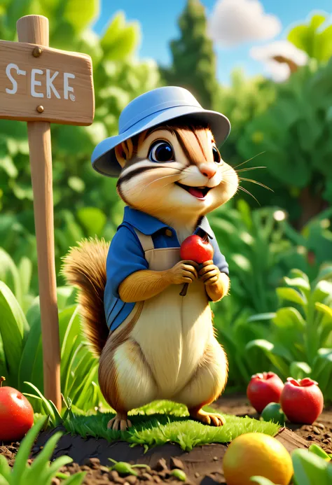 Very realistic 3D rendered scene drawing. The subject is a chipmunk, Wear a sun hat and farm uniform, With a hoe in his hand, Cultivate the land,Foreground plants, Wooden signboard, fruit trees, Transparent grass, The background is blue sky,by Pixar,ip, bl...