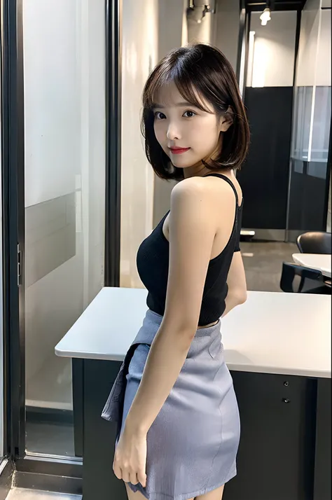 masterpiece, extremely fine and beautiful,(((secretary))), (((lift up skirt))),from back,(panties),stoop down,beautiful face,beautiful face,short hair,straight hair,in the office