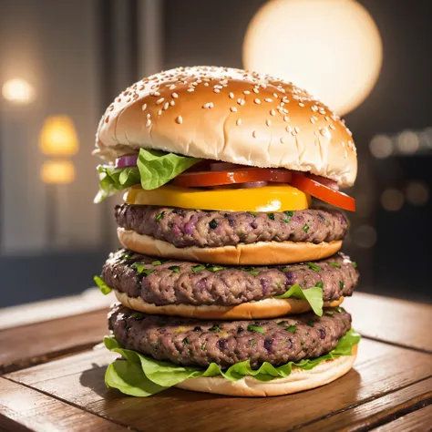 (Best quality、Realistic、Photorealistic:1.37)、hamburgers(full bodyesbian:1.5)、Hamburg always runs、Chase the burger enemy、(hamburgers:1.5)、(The burger is shiny，juice)、Blue sky background、Hills full of pink and white daisies、Vivid colors、strong contrasts、Soft...