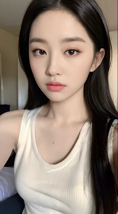 ((Top quality, 8k, Masterpiece: 1.3)), beauty, hidden face, 2 girls, beauty: 1.3, slender abs: 1.1, camisole vest, long black hair, (sitting on bed), ultra-detailed face, highly detailed lips, detailed eyes, double eyelids