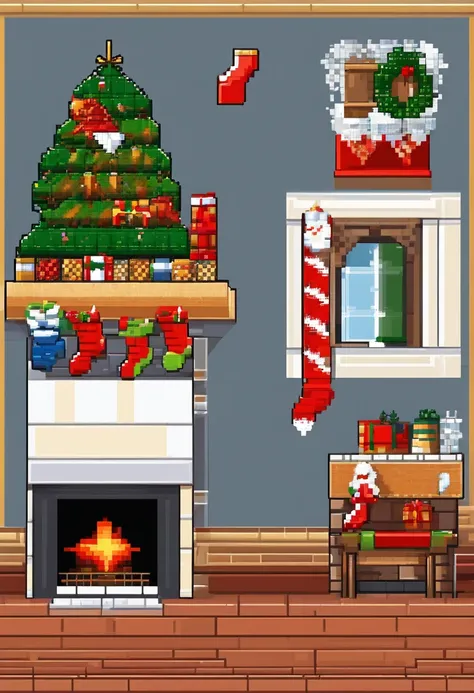 a brick fireplace with four christmas stockings with white fur at the top of the stockings