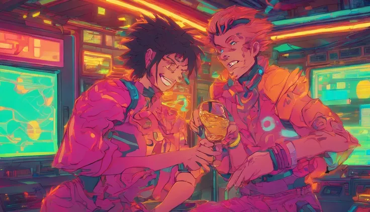 Drunken sharks dancing with smiles on their faces，The man drinks with a wine glass in his hand，There is a blush on the face，mechanized，Cyberpunk Style，Fine details. anime big breast. Anime epic artwork, dreamy psychedelic anime, colorful concept art, emoti...