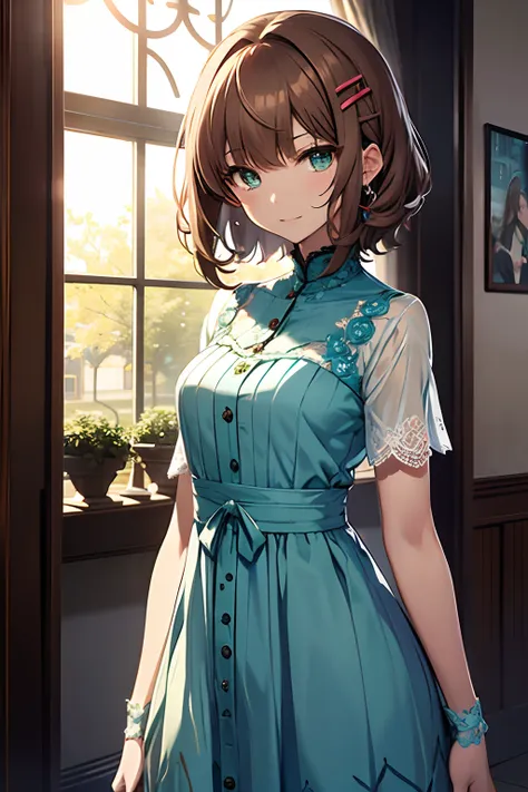 sasanami shoko, valvrave, hair clips, blue roses, dress, lace dress, brown hair, green eyes, short hair