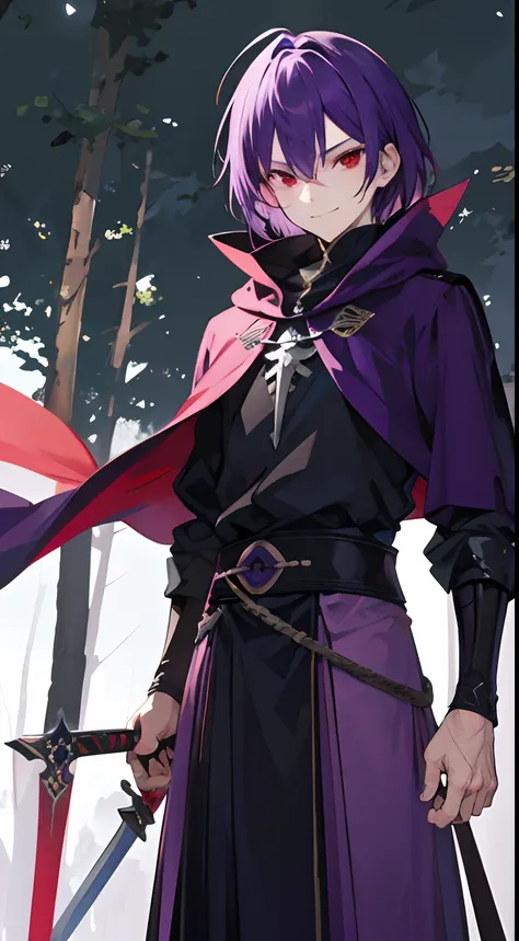 A man, solo, forest background, cloak, smile, sword at waist, purple hair, red eyes, badass