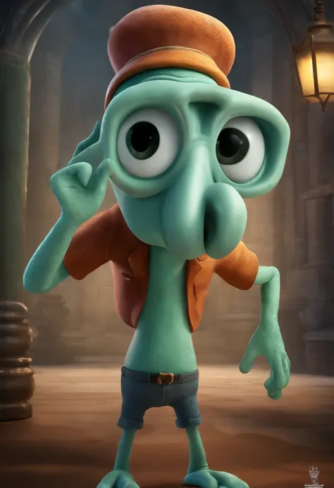 movie Squidward from spongebob, style movies Pixar, with name "Squidward", poster, with credits