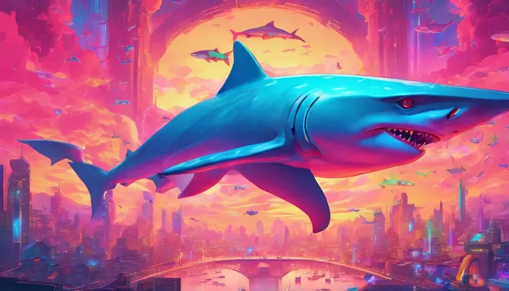 Huge sharks，Drunken sharks dancing with smiles on their faces，The man drinks with a wine glass in his hand，There is a blush on the face，mechanized，Cyberpunk Style，Fine details. anime big breast. Anime epic artwork, dreamy psychedelic anime, colorful concep...