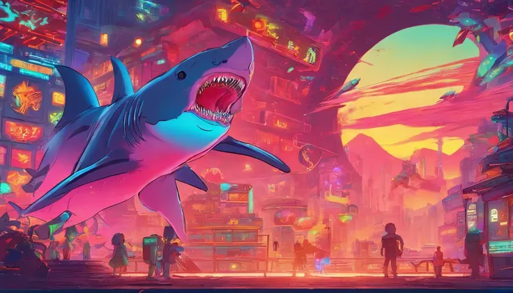 Huge sharks，Drunken sharks dancing with smiles on their faces，The man drinks with a wine glass in his hand，There is a blush on the face，mechanized，Cyberpunk Style，Fine details. anime big breast. Anime epic artwork, dreamy psychedelic anime, colorful concep...