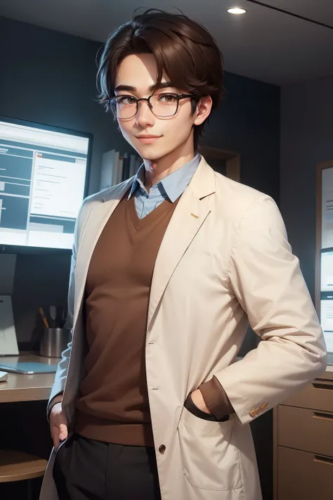 2D animation style、A round face in his 20s who looks sincere with a gentle smile、Male doctor wearing brown round glasses