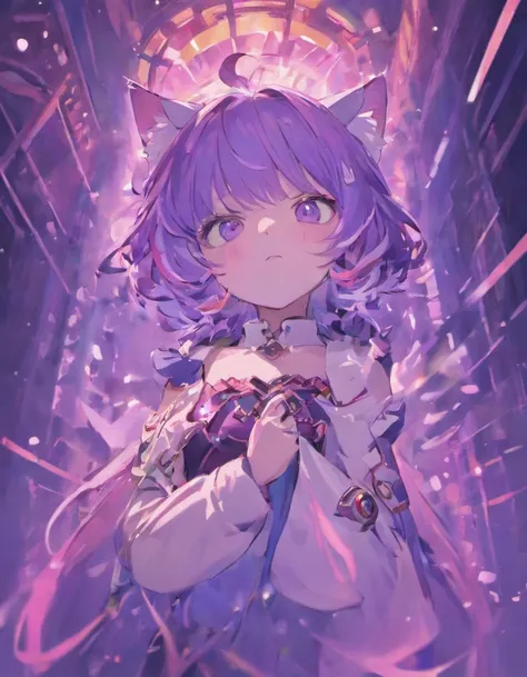 White Cat Ear Hat、Purple hair、blue eyess、Clothes for the near future、White sleeves、Black torso、