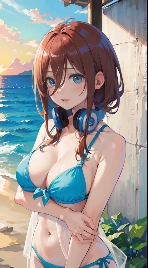 (masterpiece, high quality, high res), Nakano Miku (quintessential quintuplets), brown hair, ponytail, bangs, headphones, soaked wet long tshirt, see-through bra, bottomless, no panties, on beach, sunny day, sand, ocean view, mature look, anime version, ex...