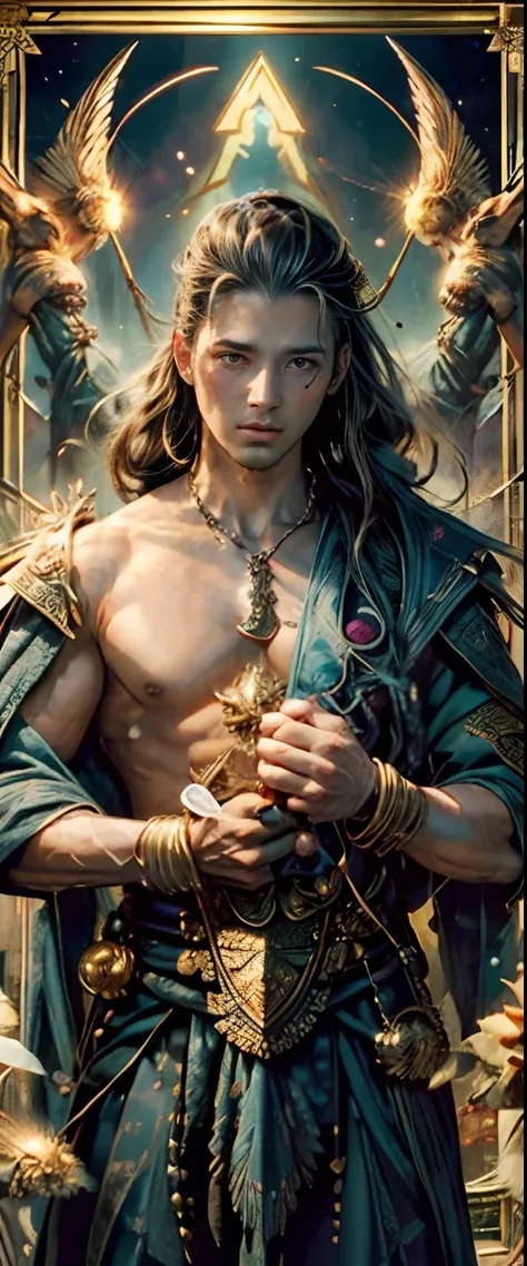 tarot cards，Full tarot border，(The image is surrounded by a tarot card-style border:1.8), 1 man，Zeus，heavenly gods, (Hairstyles: Bare flesh curls)，cabellos largos dorados，Roman mythology，8k wallpaper, Ultra-detailed, Beautiful and aesthetically pleasing, t...