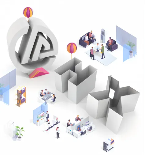 Image of a group of people working in a big office with Aalfed, prerendered isometric graphics, Adobe Illustrator（Adobe illustrator）, isometric 8k, promotional render, autodesk, autodesk 3d rendering, autodesk 3 d rendering, lambda, Commercial illustration...