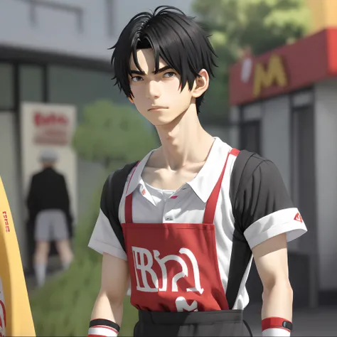 Teenage anime boy, fast food worker, short and messy black hair, eye bags, depressed, red bracelets around wrists