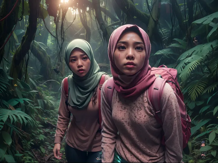 two malay girl in hijab lost in fantasy jungle, beautiful face, petite body, carry backpack, hiking, torn outfit, ripped outfit,...