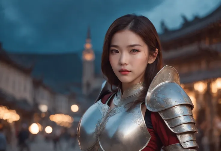 midnight,street, Full-fledged Girl Warrior ,Full body photo,Stand on the right side of the screen, Pose in silver-blue armor, Sophisticated scene style, glitters, Red, Realistic style, 8K,exposure blend, Medium shot, Bokeh, (hdr:1.4), High contrast, (Cinem...