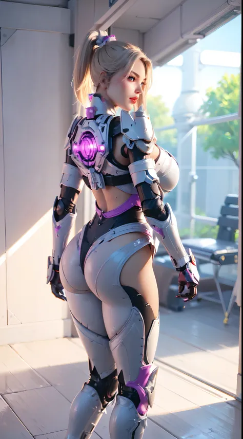 (NSWF:1.5), (1GIRL,SOLO:2), ((Blonde ponytail hair)), (super detailed face), ((BIG BUTTOCKS, HUGE FAKE BREASTS:1.5)), (CLEAVAGE TOP:1.5), (MUSCLE ABS FEMALE:1.4), (MECHA GUARD ARM:1.4), ((WEAR MAGENTA WHITE OVERWATCH MECHANICAL ARMOR CROP TOP, BLACK MECHAN...