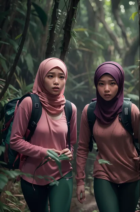 Two malay girl in hijab lost in fantasy jungle, beautiful face, petite body, carry backpack, hiking, torn outfit, ripped outfit, wear sweater and tight pink leggings, scared face, scared expression and body language, sweating, cinematic lighting, professio...