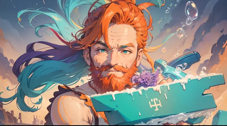 ((top-quality, 8K)), (Realistic), (Face Focus: 1.1), (cyan colors:1.3), (Green and purple colors: 1.2), a man with dredlock hair and long beard , Hair fluttering in the wind, kindly smile, (Sleeveless: 1.1)、suit, C cup breasts, Countless soap bubbles, (Soa...