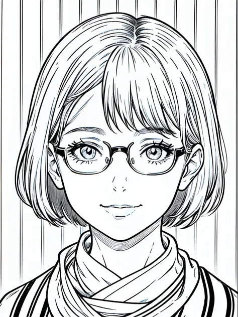 Beautiful woman, 25 years old, short hair (blonde), light brown eyes, eyeglasses, looking directly at the camera, simple smile, nature background, neck scarf (with stripes), showing only the face, lineart, manga lineart, no colors