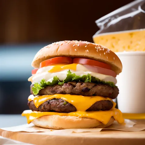 A burger,Thick bread,Sliced cheese with fragrant cheese,A whole bottle of cheese spilled over the burger,There is a thick layer of beef patties in the middle,Delicious and juicy burger,A serving of fries and a cup of coffee,Background bokeh,commerciaphotog...