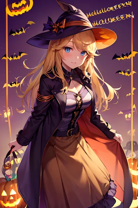 (masutepiece.Top image quality).1 girl in.Golden hair.long.Blue eyes.Horse-eared girl.Golden horsetail.((Halloween Costumes:1.4))((Long coats and skirts:1.3)).(mid night:0.8).