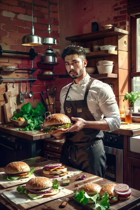 In the back kitchen of the dining room，A handsome guy who makes hamburgers，The table was filled with juicy burgers, tasty, Hot, promotional shot, Intricate details, hdr, Cinematic,