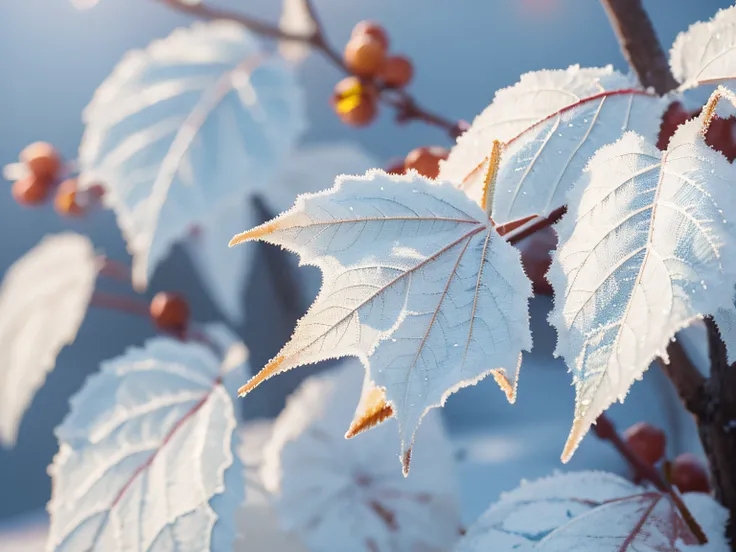 China has 24 solar terms,Frost, autumn
There is white frost on the leaves， Frost clings to autumn
leaf,Temperature drop,Snow,cool colours,
Warm light, 8k —aspect 8:16 —v5.2