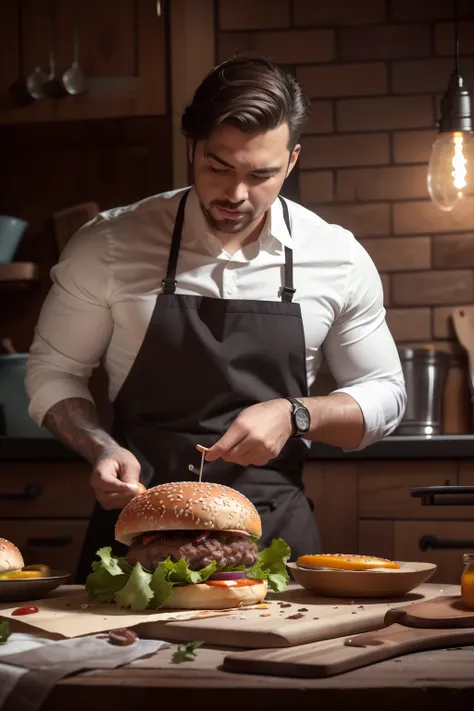 In the back kitchen of the dining room，A handsome guy who makes hamburgers，The table was filled with juicy burgers, tasty, Hot, promotional shot, Intricate details, hdr, Cinematic,