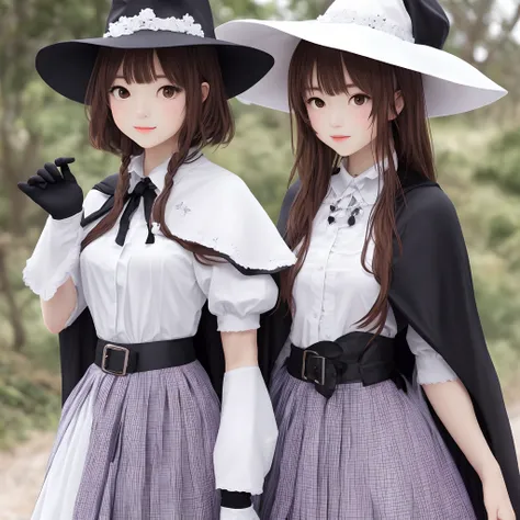 Estilo anime adolescente menina roxo cabelo curto, Wearing a white witchs hat, terno branco, Gingham check skirt and a brown glove on one hand and a black cape