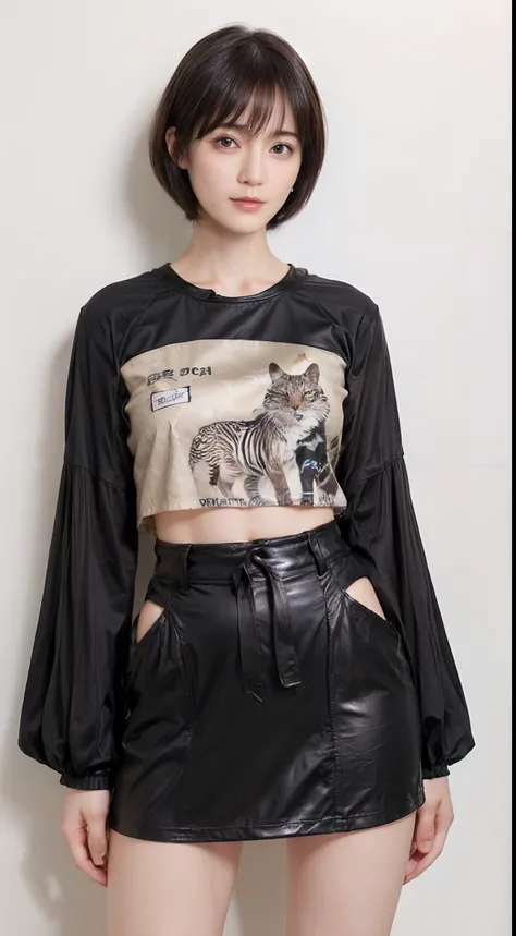 60
(a 20 yo woman,is standing), (A hyper-realistic), (masutepiece), ((A dark-haired、short-hair:1.3)), (Breast), Gentle expression, (Clothing printed with wild animal characters)