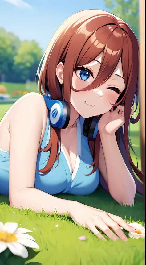 (masterpiece, high quality, high res), Nakano Miku (quintessential quintuplets), brown hair, bangs, headphones, sleeping on grass, laying down, garden background, flowers, curvy body, cute smile, both eyes closed, flowers, mature look, anime version, extre...