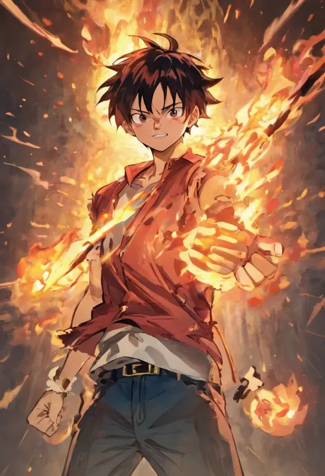 Design a gripping poster featuring Luffy from "One Piece" in a fit of rage. Capture the essence of his burning determination and unyielding spirit as he unleashes his wrath upon his enemies. Keep it short, bold, and intense to convey the raw power of Luffy...