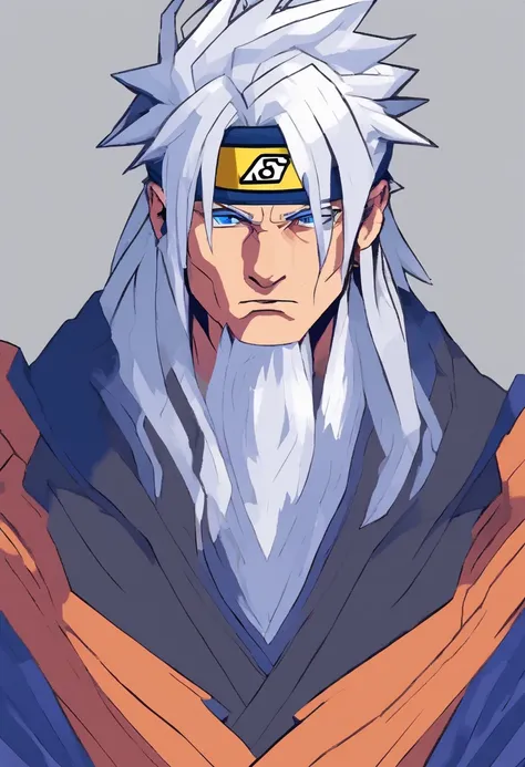 (age:32,male,white hair,blue eyes,white robe with lighting, ninja,naruto,dark skin,bodybuilder), (high resolution,4k,professional,physically-based rendering,vivid colors), (portraits,anime), (lighting:moody,shadow,backlit), (color tone:cool tones,blue hues...