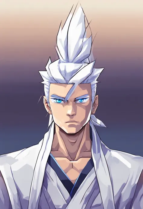 (age:32,male,white hair,blue eyes,white robe with lighting, ninja,naruto,dark skin,bodybuilder), (high resolution,4k,professional,physically-based rendering,vivid colors), (portraits,anime), (lighting:moody,shadow,backlit), (color tone:cool tones,blue hues...